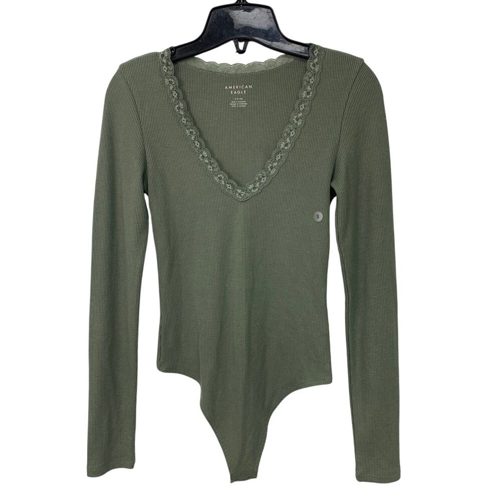 New American Eagle Womens Small Long Sleeve Waffled Lace Snap Closure Bodysuit